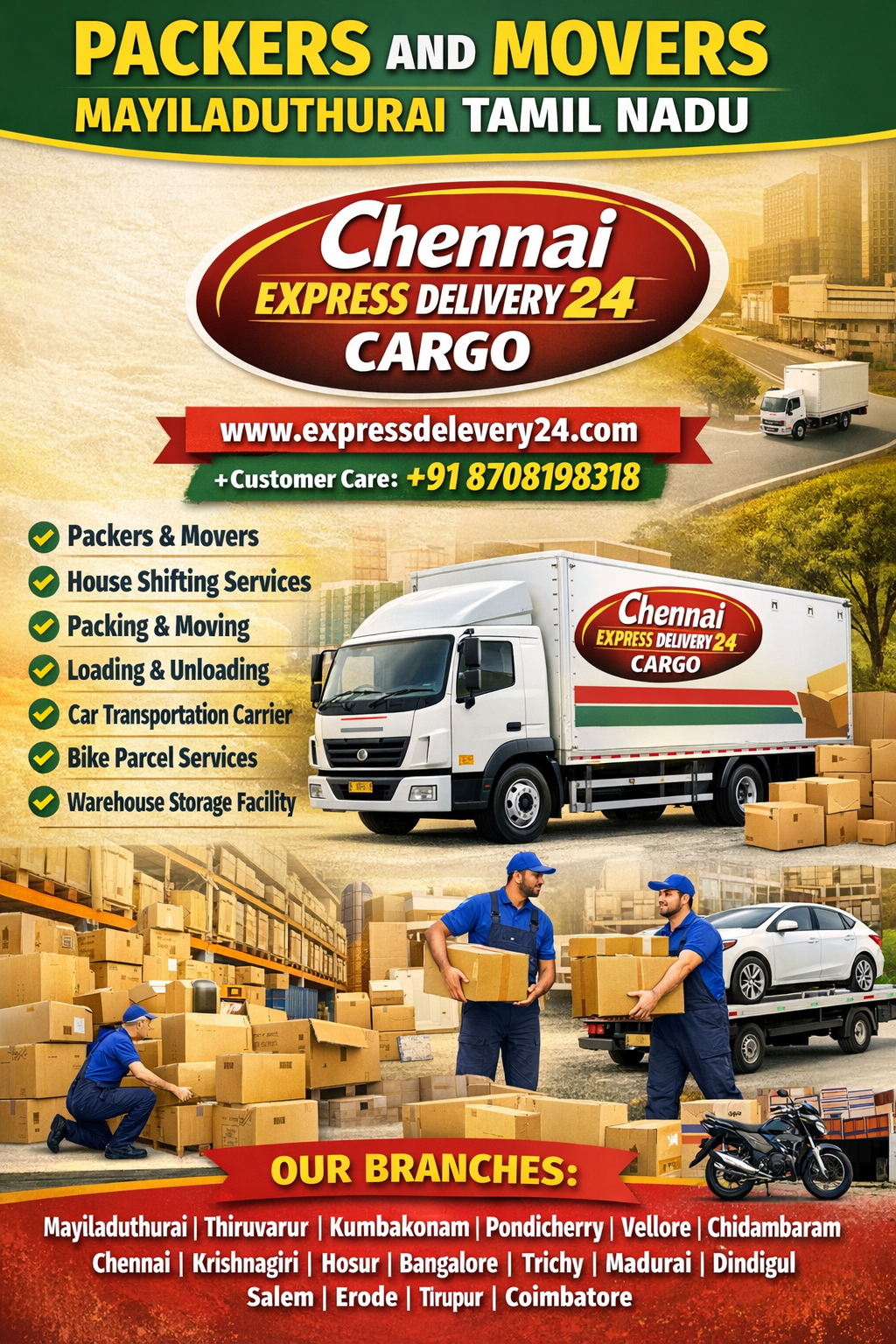 Packers and Movers in Mayiladuthurai, 8708198318 Tamil Nadu | House Shifting, Car Bike Transport | Express Delevery 24 Cargo