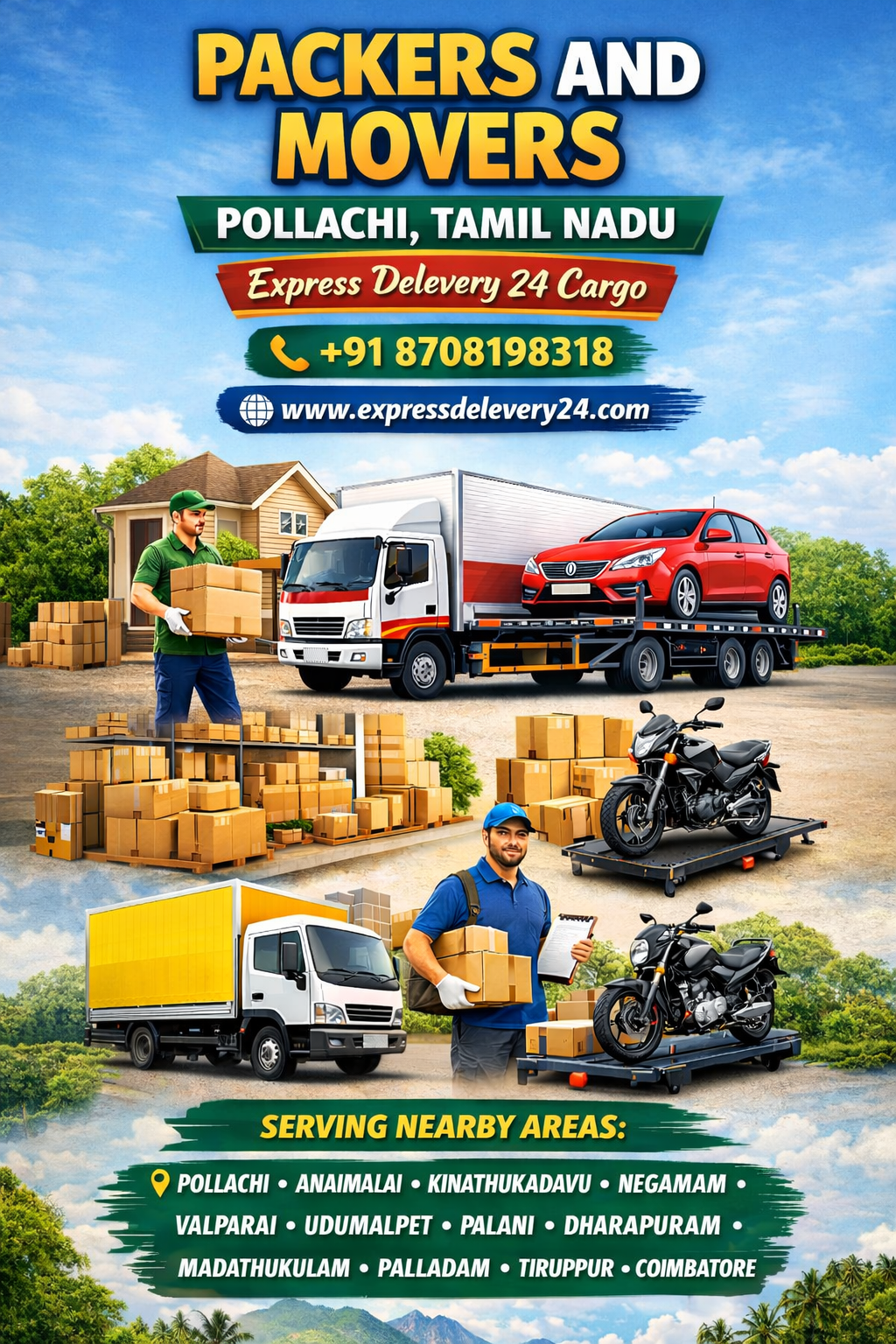 Packers and Movers in Pollachi, 8708198318 Tamil Nadu | House Shifting, Car Bike Transport | Express Delevery 24 Cargo