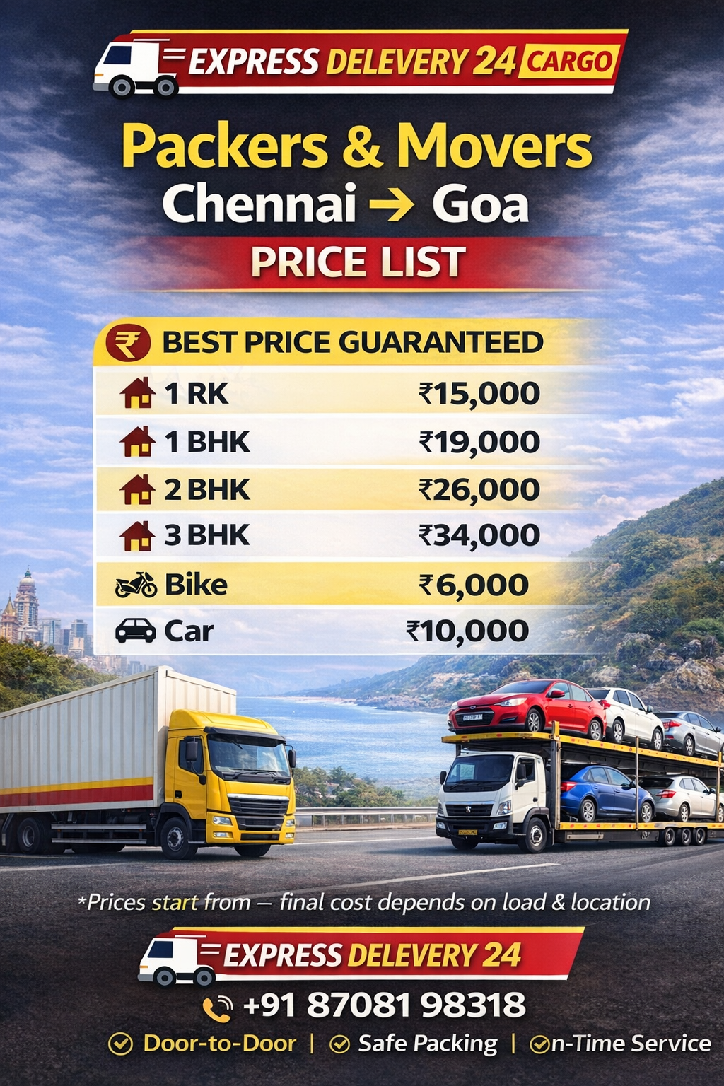 Packers and Movers Chennai to Goa | Express Delevery 24 Cargo Price 