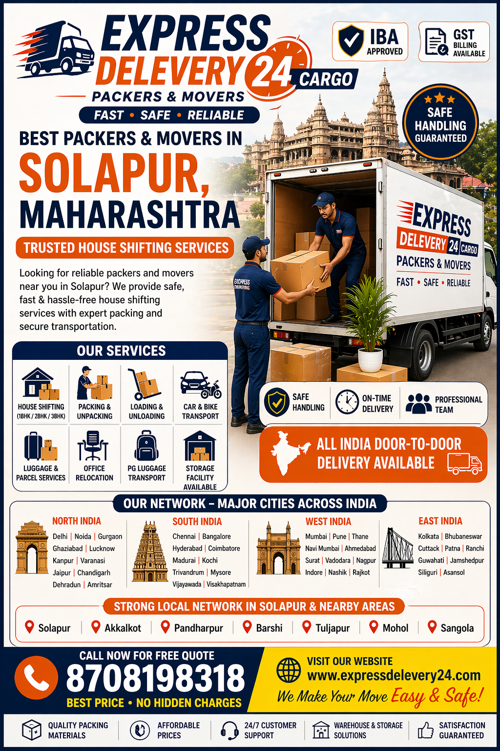 Best Packers and Movers in Solapur, 8708198318 Maharashtra | House Shifting Services Near Me – Express Delevery 24 Cargo