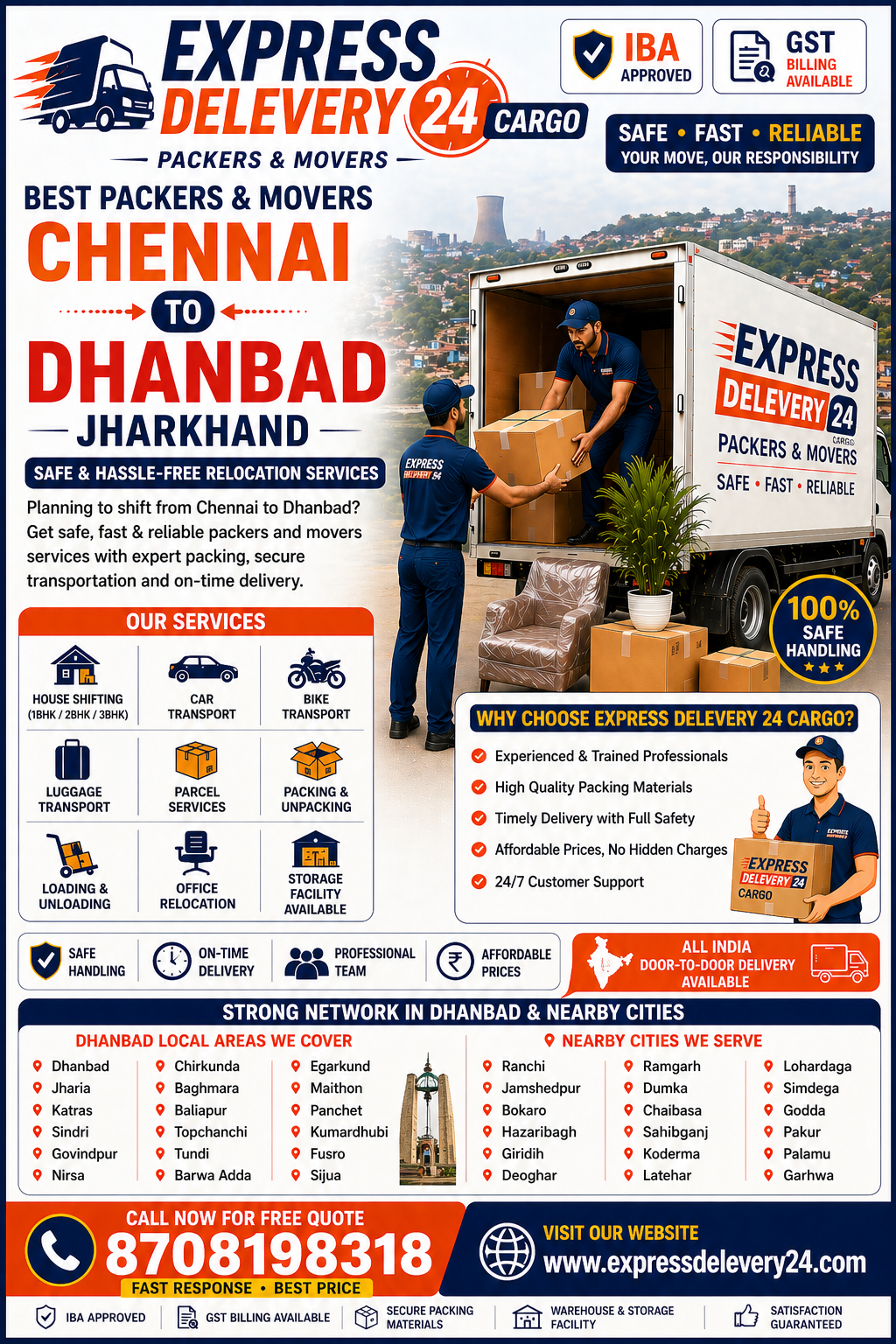 Best Packers and Movers Chennai to Dhanbad, 8708198318 Jharkhand | House Shifting & Transport Services – Express Delevery 24 Cargo