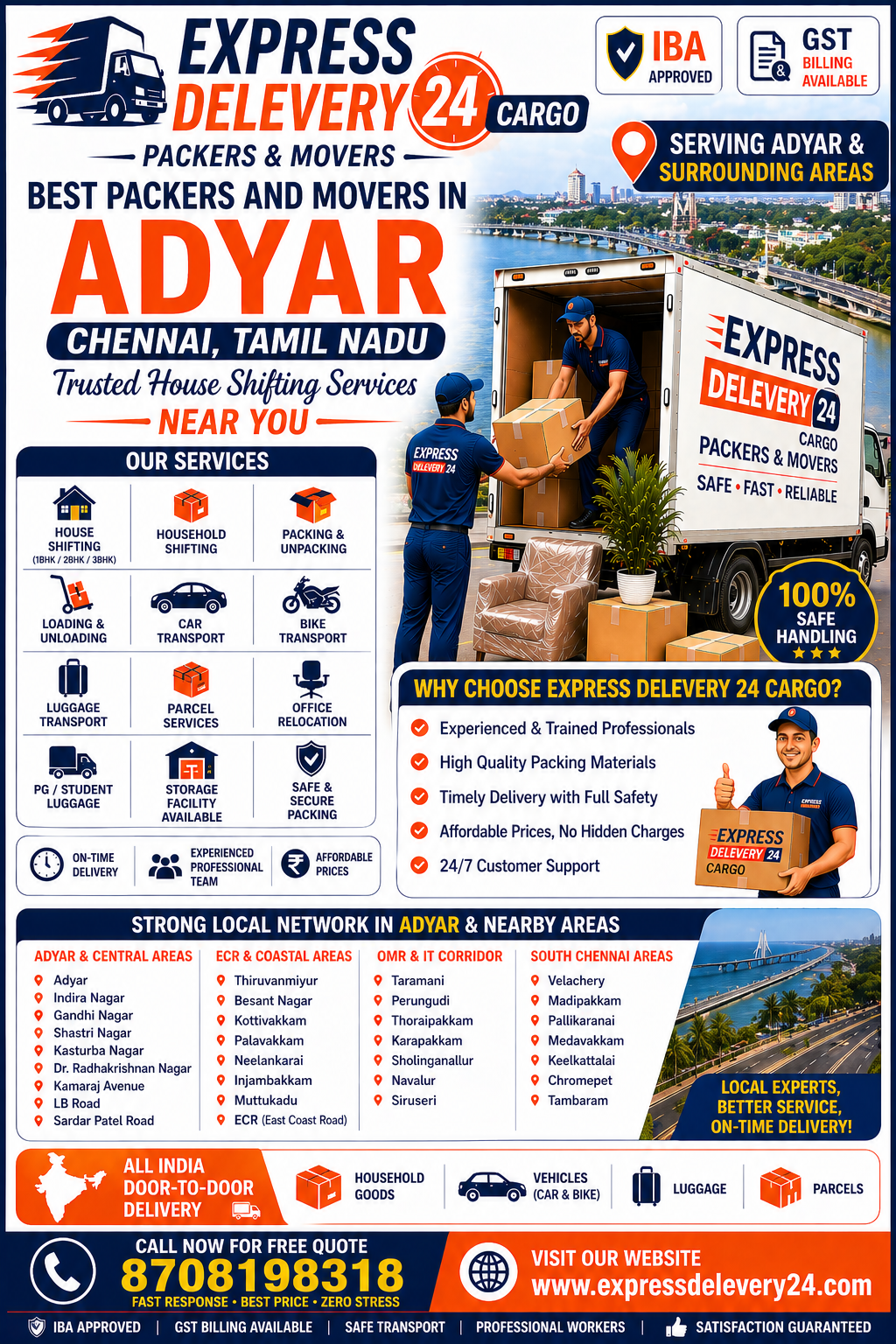 Packers and Movers Adyar, 8708198318 | House Shifting Services Near Me – Safe Express Delevery 24 Cargo