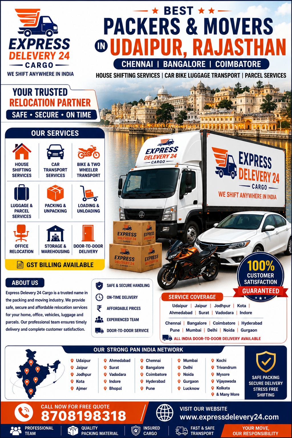 Packers and Movers in Udaipur, 8708198318 Rajasthan | House Shifting, Car Bike Transport | Express Delevery 24 Cargo