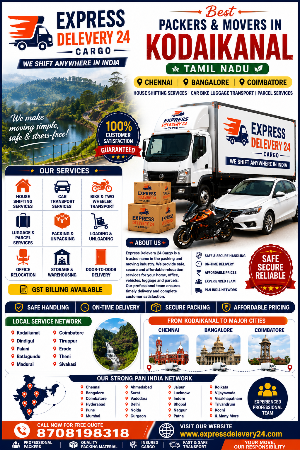 Packers and Movers in Kodaikanal, 8708198318 Tamil Nadu | House Shifting & Car Bike Transport – Express Delevery 24 Cargo