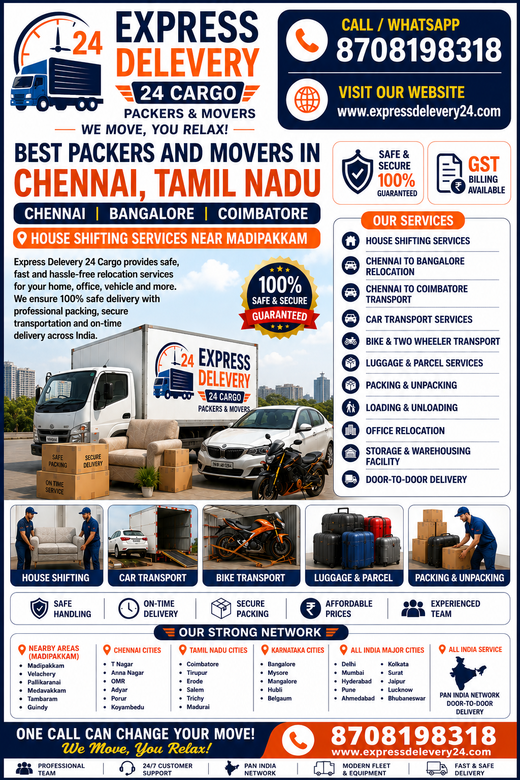 Packers and Movers in Madipakkam, 8708198318 Tamil Nadu | House Shifting Services, Car Bike & Luggage Transport 