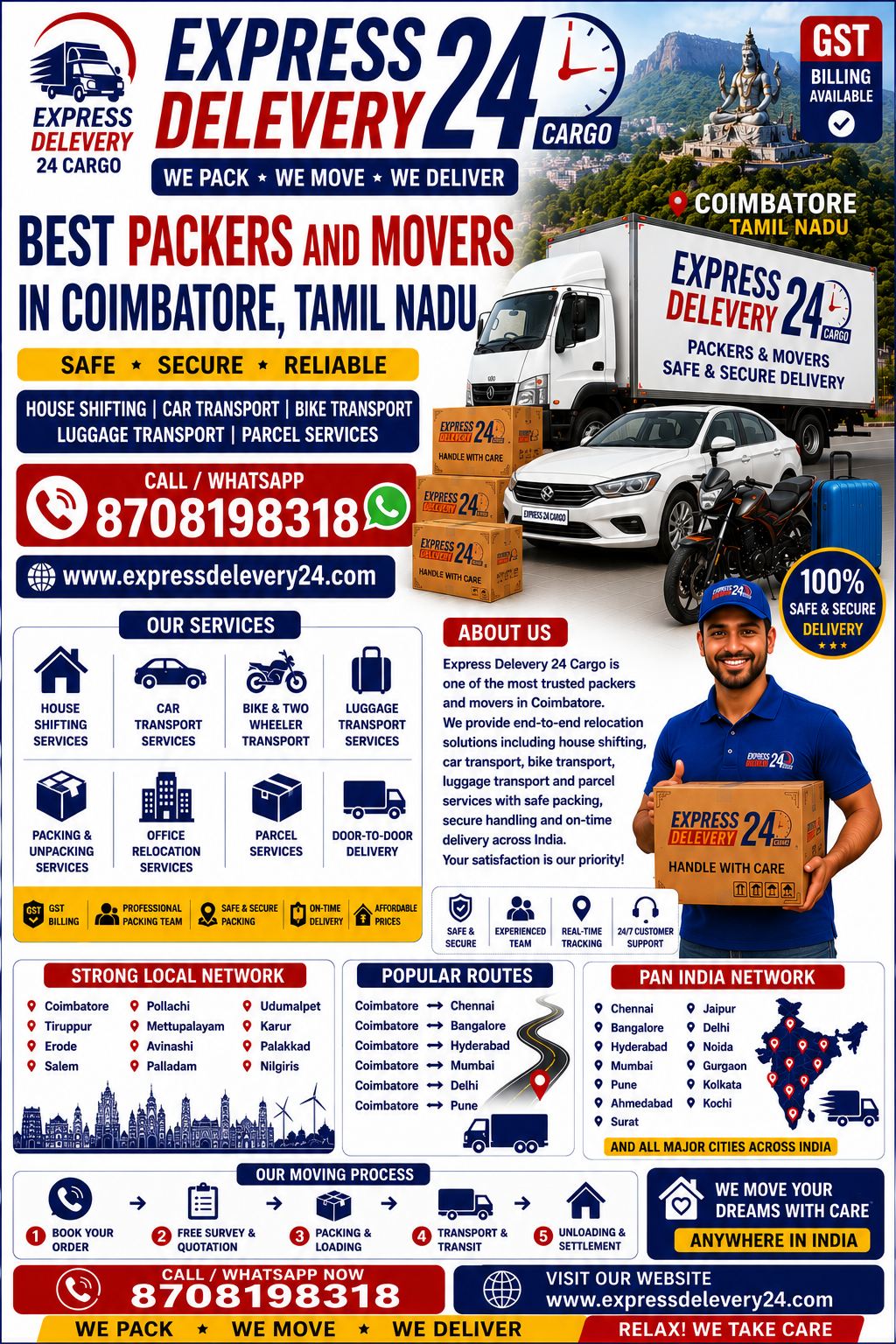 Best Packers and Movers Coimbatore to Gurugram, 8708198318 Haryana | House Shifting Services | Car Bike & Luggage Transport – Express Delevery 24 Cargo