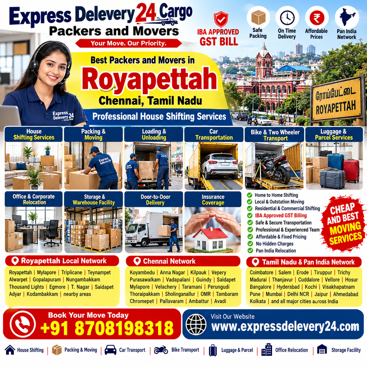 Packers and Movers in Royapettah, 8708198318 | House Shifting Services Near me - Express Delevery 24 Cargo