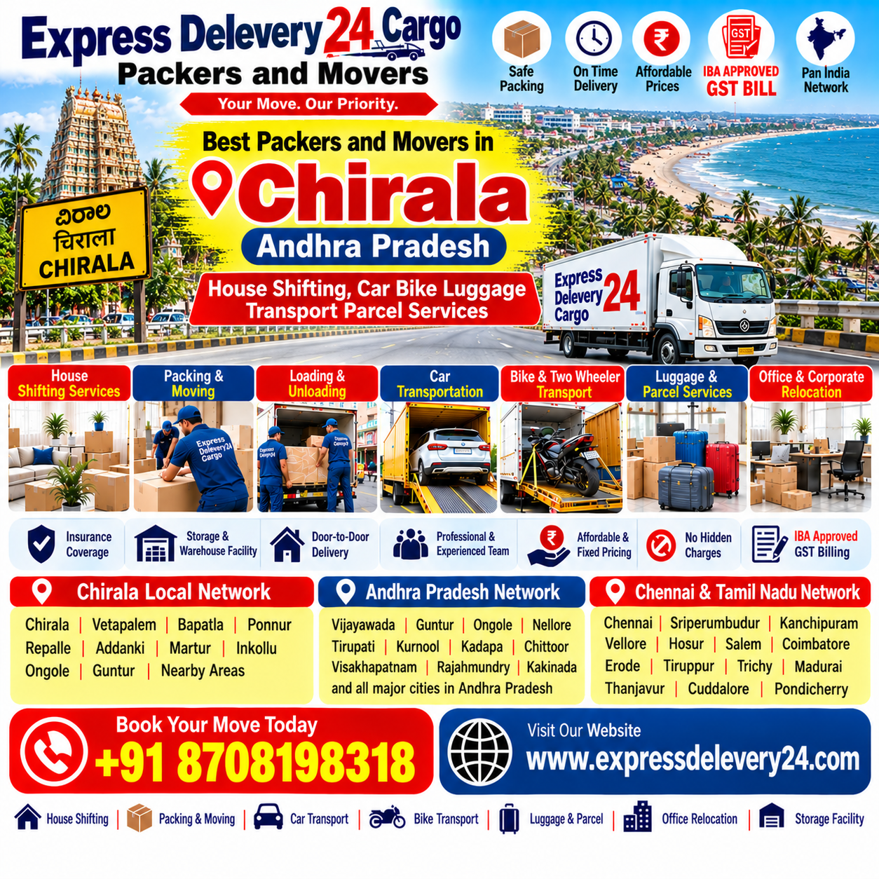 Best Packers and Movers in Chirala, 8708198318 Andhra Pradesh | House Shifting Services - Chennai Express Delivery 24 Cargo 