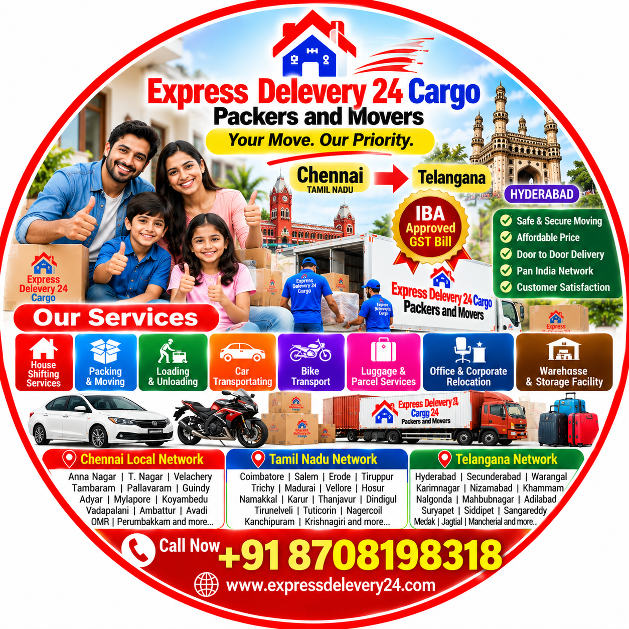 Chennai to Telangana Packers and Movers, 8708198318 | House Shifting - Car Bike & Luggage Transport 