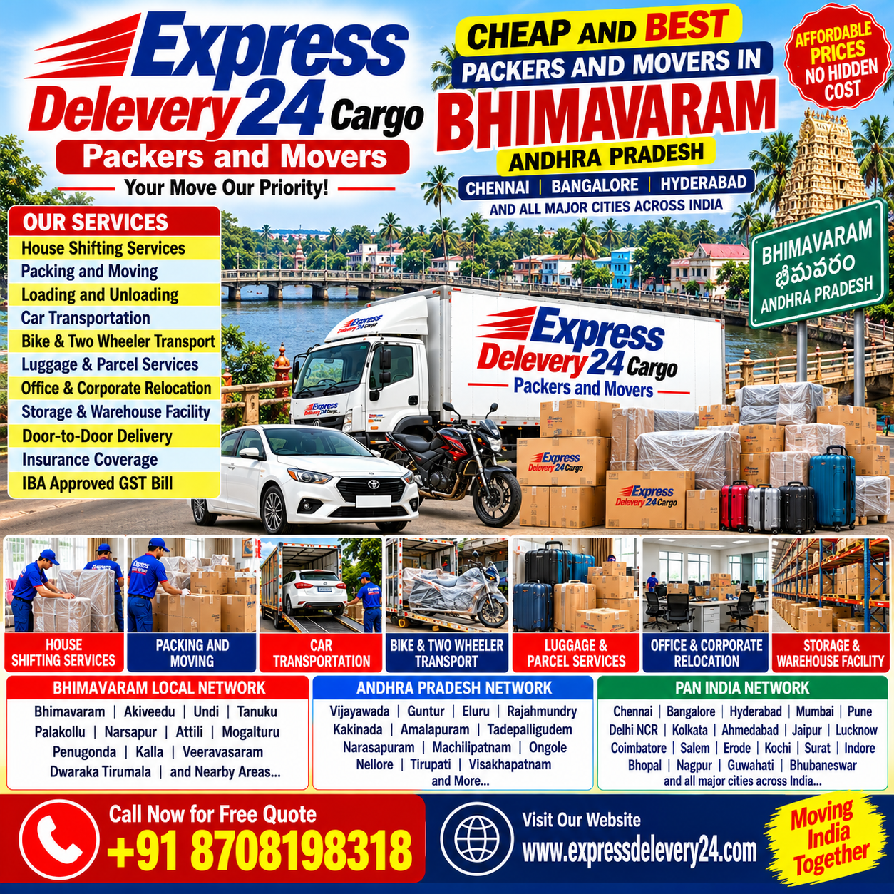 Best Packers and Movers in Bhimavaram, 8708198318 Andhra Pradesh | House Shifting, Car Bike & Luggage Transport Parcel | Express Delevery 24 Cargo