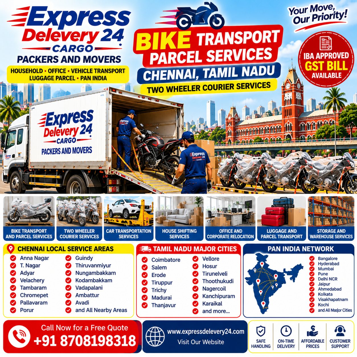 Bike Transport Parcel Services in Chennai, 8708198318 Tamil Nadu | Express Delivery 24 Cargo