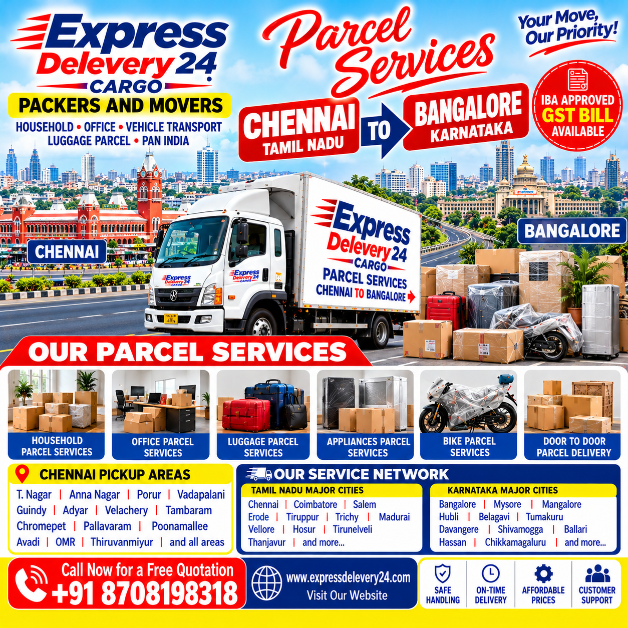 Parcel Services Chennai to Bangalore, 8708198318 Karnataka | Express Delevery 24 Cargo